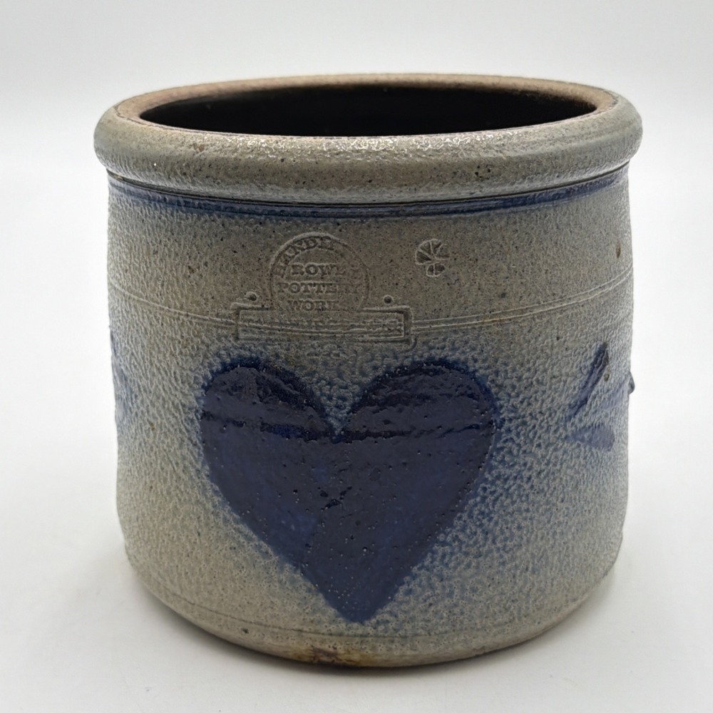 Vintage 1980's Rowe Pottery Crock Jar Salt Glaze Cobalt Blue Heart